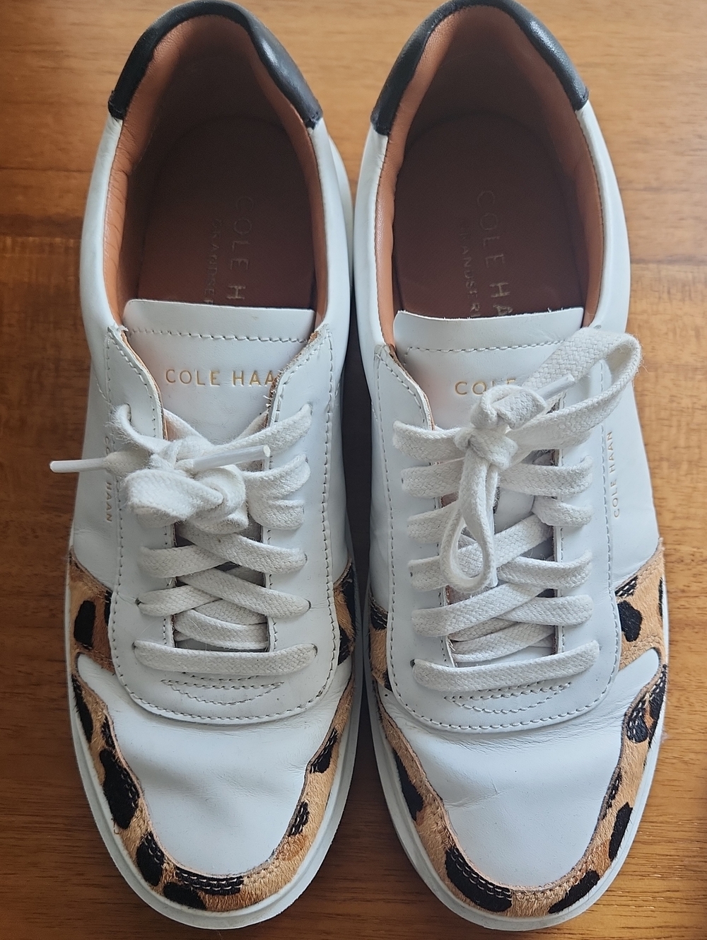 Cole Haan White Leather Sneakers with Leopard Accents